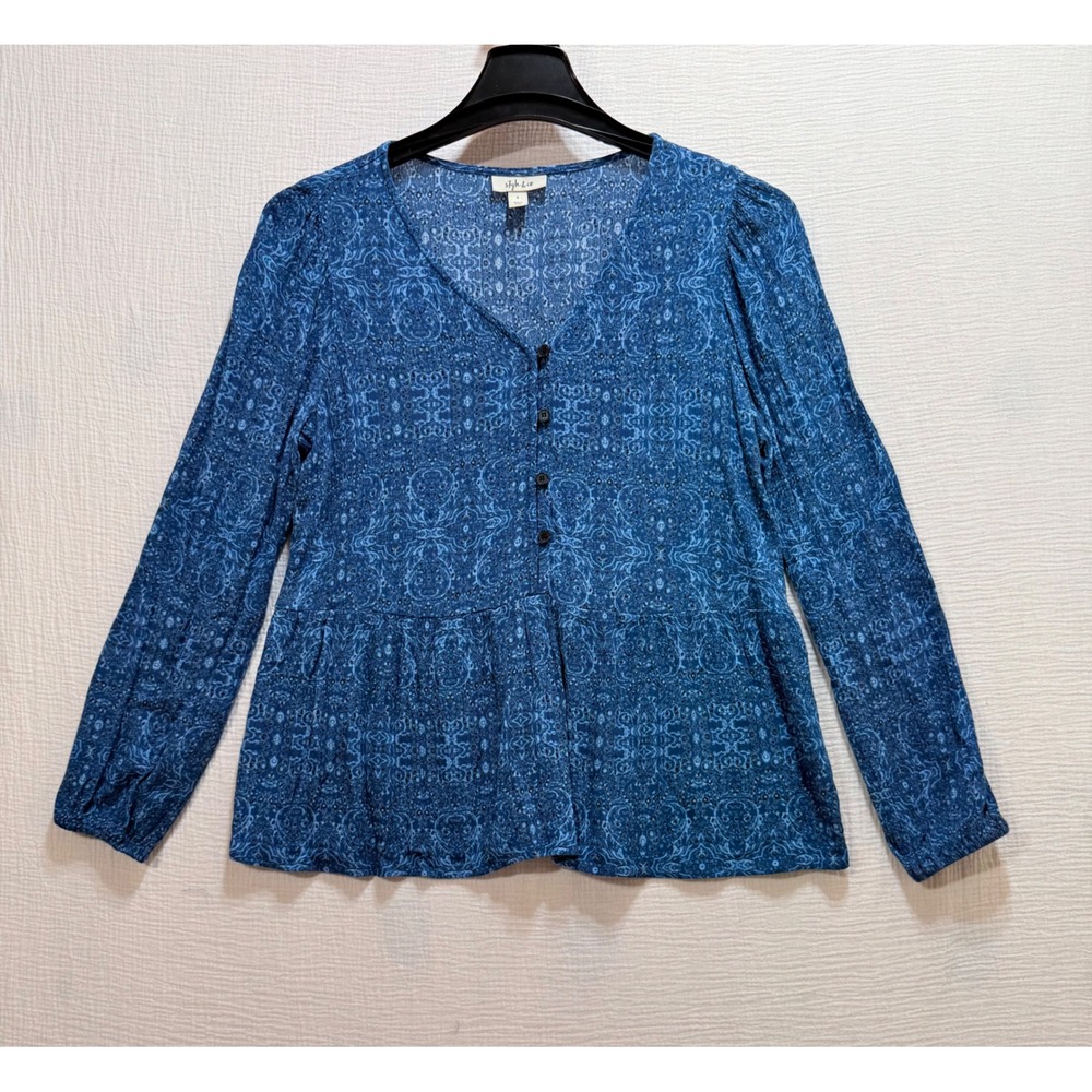 Style & Co. Women's Top Size S Blue V- Neck Button‎ Front Long Sleeves Bohemian